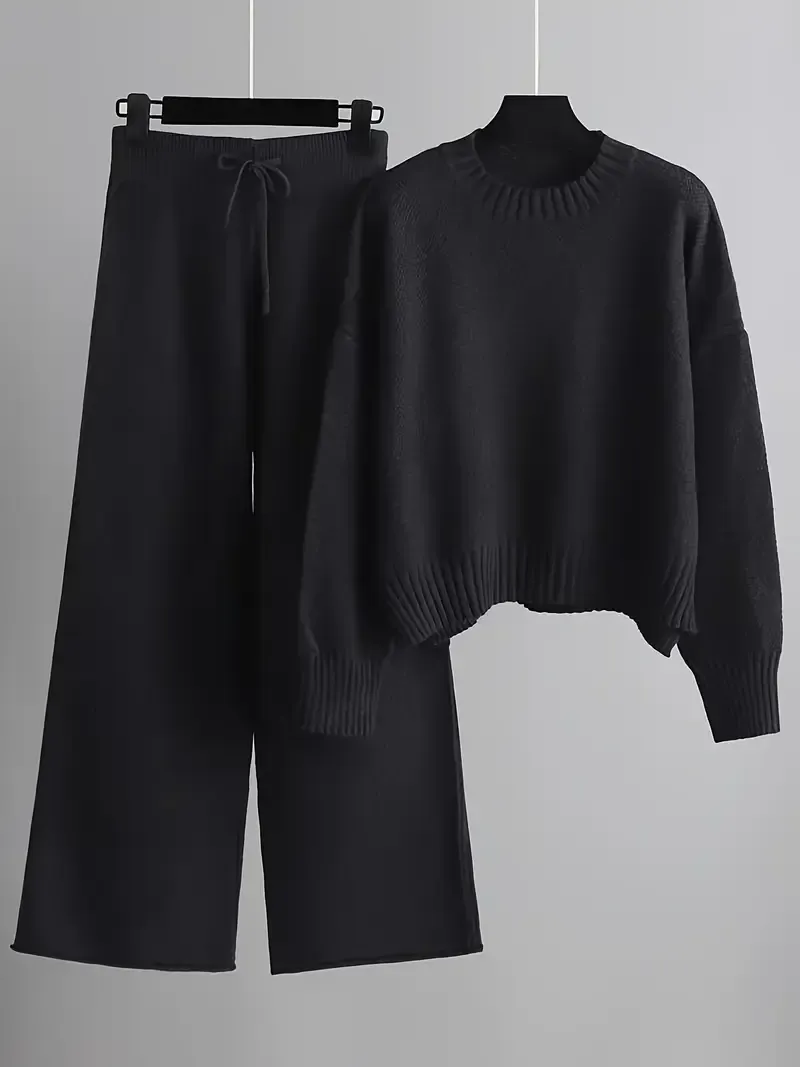 Autumn and Winter Fashion Casual Knitted Suit Pants Women's Loose Sweater Wide Leg Pants Two Piece Set