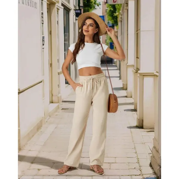 Women’s High Waist Linen Drawstring Pants – Casual Loose Fit with Pockets