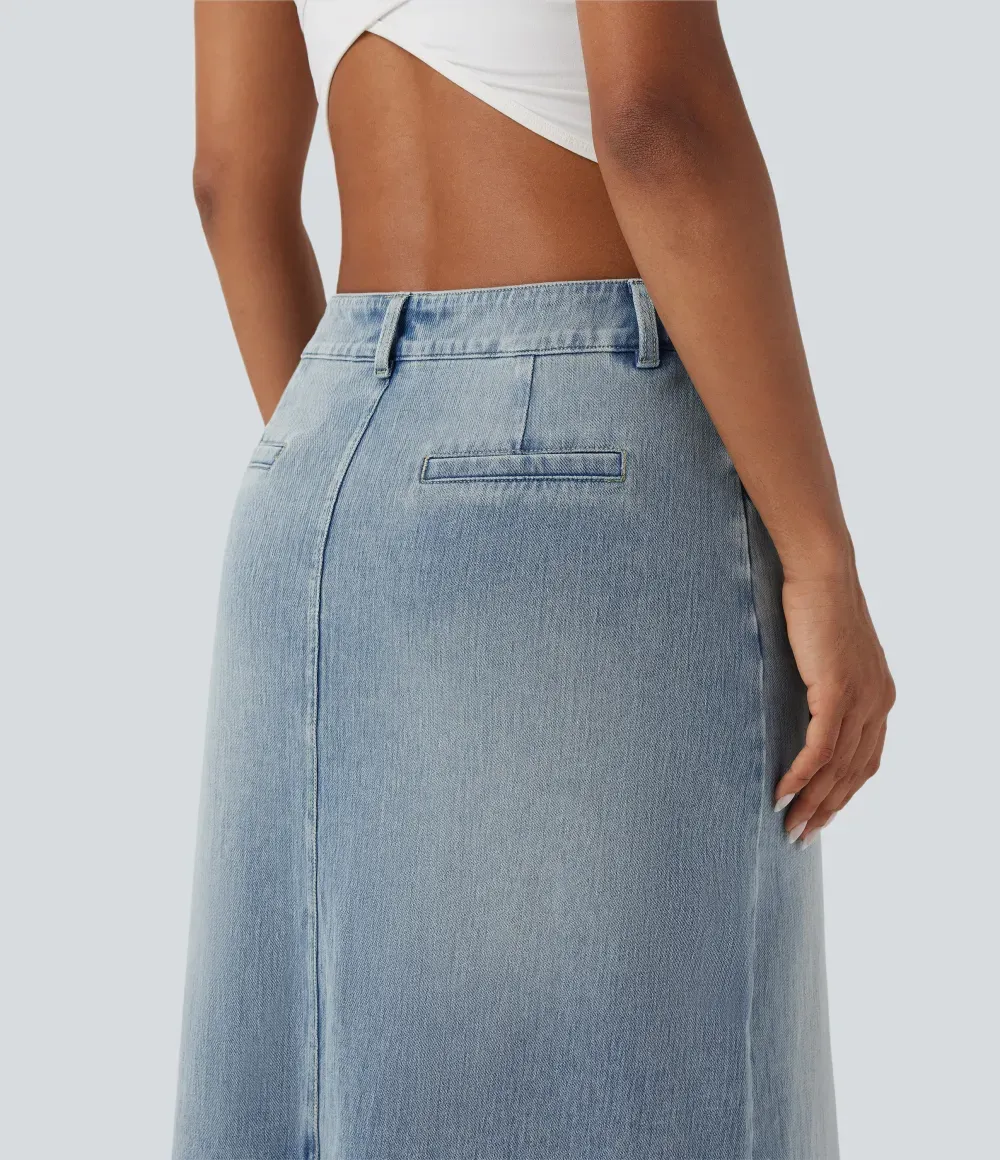 Halara FlexTM Mid Rise Contrast Leopard Mesh Midi Denim Casual A-line Skirt with Pockets