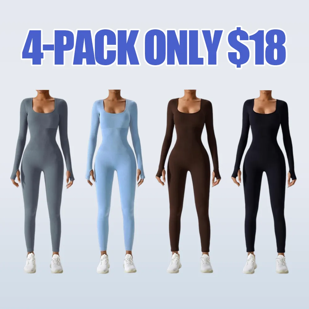 Women's Solid Ribbed Long Sleeve Sports Playsuit Tummy Control Jumpsuit, Workout Ribbed Long Sleeve Exercise Bodycon Jumpsuit