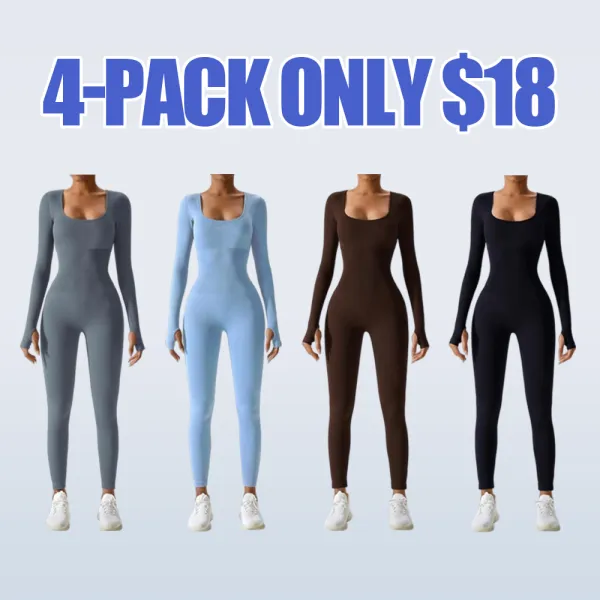 Women's Solid Ribbed Long Sleeve Sports Playsuit Tummy Control Jumpsuit, Workout Ribbed Long Sleeve Exercise Bodycon Jumpsuit