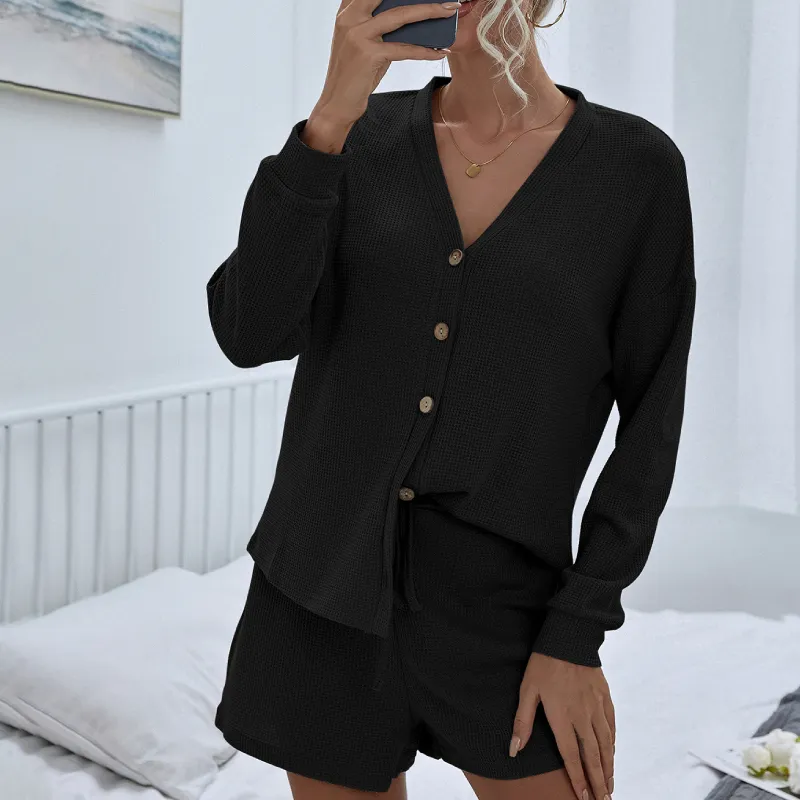 Casual Solid Color Waffle Two-piece Set