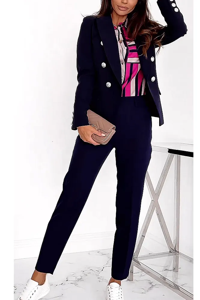 Women's Fashion Solid Color Slimming Button Jacket Pants Two Piece Set