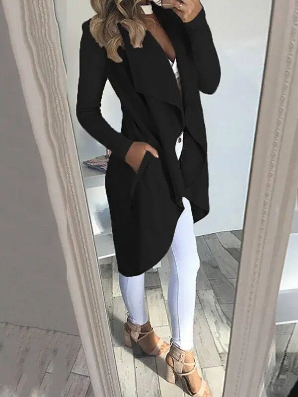 Solid color lapel long sleeve slim Tops