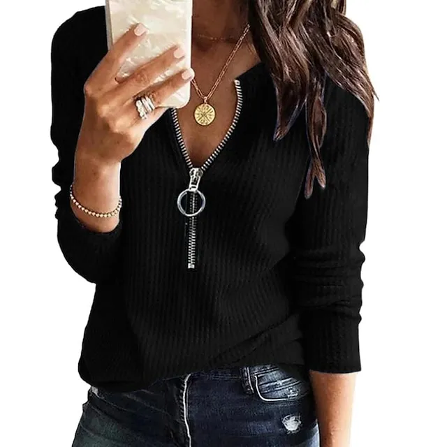 Blouse Women's Olive Green Denim Blue Black Solid / Plain Color Zip Up Daily Basic S