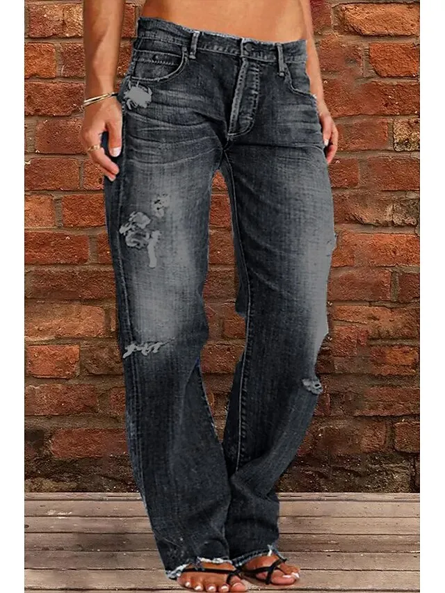 Women‘s Moms Jeans Low Rise Distressed Straight Full Length Denim Pocket Ripped Low Rise Casual Lounge Casual Daily Black Navy Blue S M