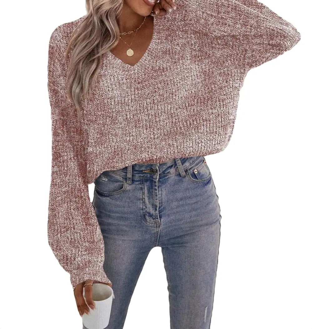 Casual Plain V neck Pullovers Long Sleeve Brown Women Sweaters (Women's)