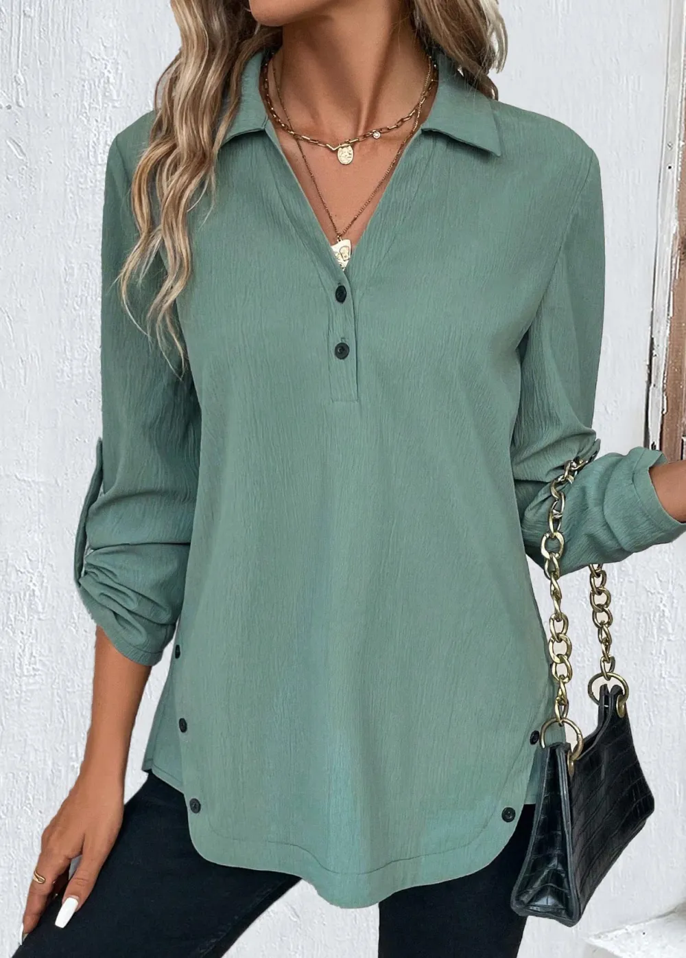 Sage Green Button Long Sleeve Shirt Collar Blouse