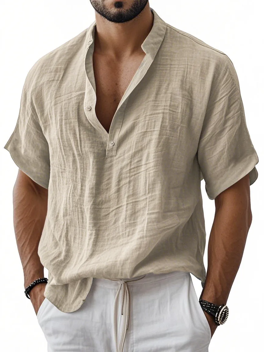 Men's Breathable Linen Henley Button Short Sleeve T-Shirt Henley Shirt