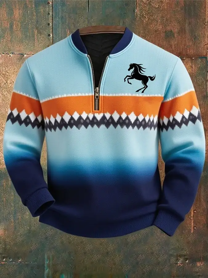 Men's Western Contrast Print Zip-Neck Sweatshirt
