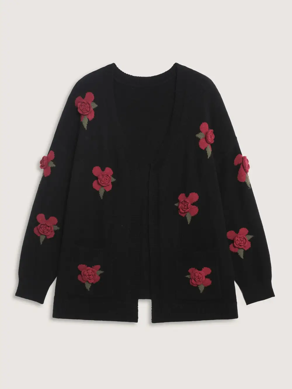 3D Floral Pattern Pockets Knit Cardigan