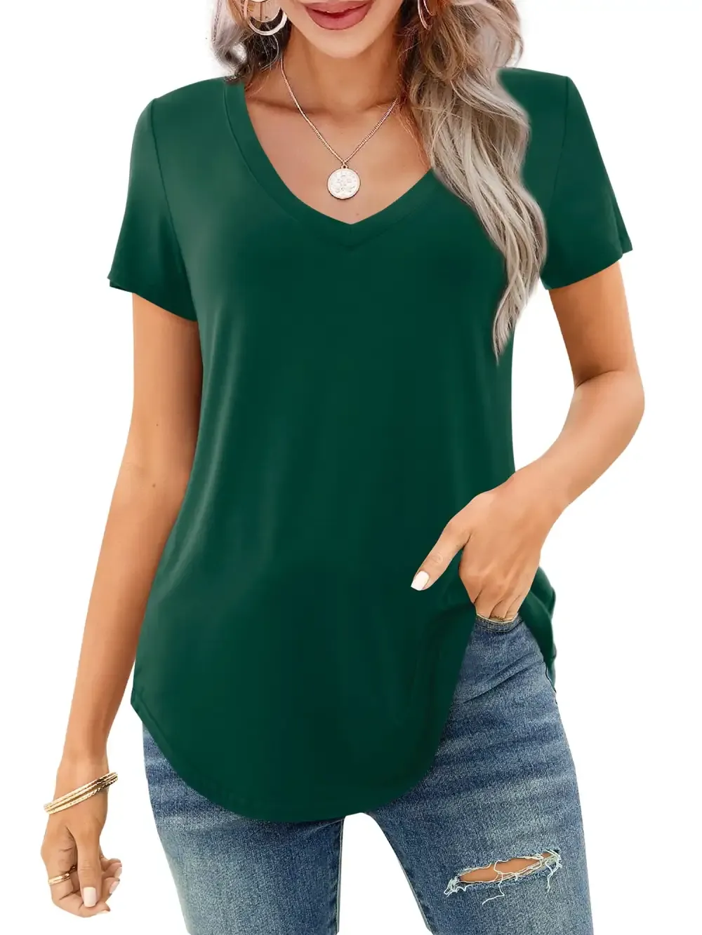 ✨Women's V-neck Short Sleeve Curved Hem Tee Top