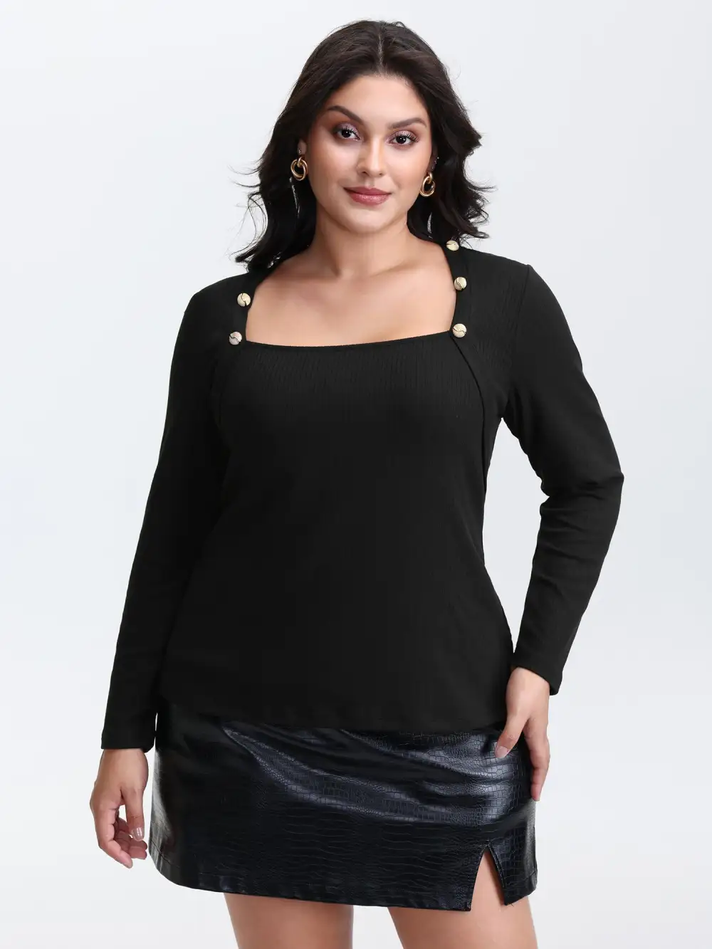 Supersoft Metallic Button Solid Knit Top