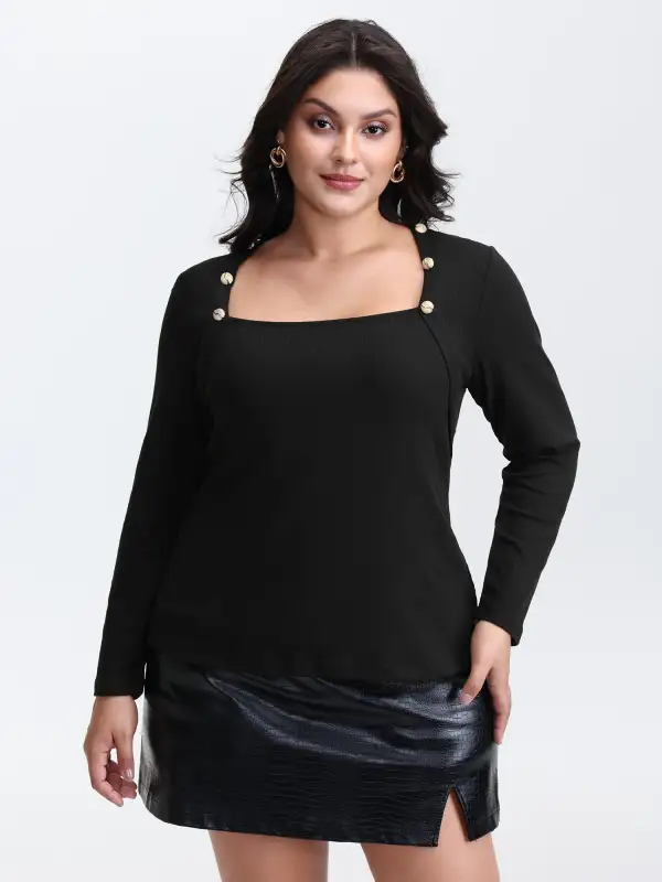 Supersoft Metallic Button Solid Knit Top