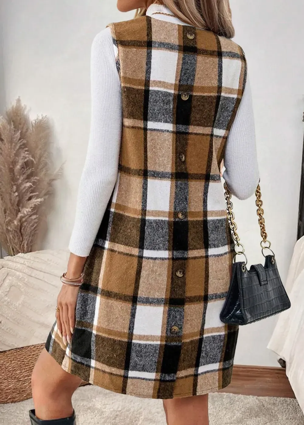 Gray Brown Tummy Coverage Plaid Short Sleeveless Tank Dress