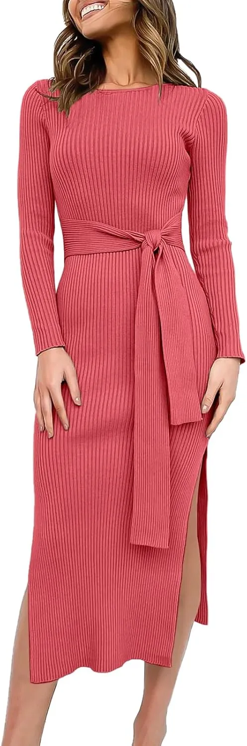 Long Sleeve Sweater Dress Crew Neck Slim Fit Slit Tie Waist 2024 Ribbed Knit Bodycon Midi Dress Fall Outfits