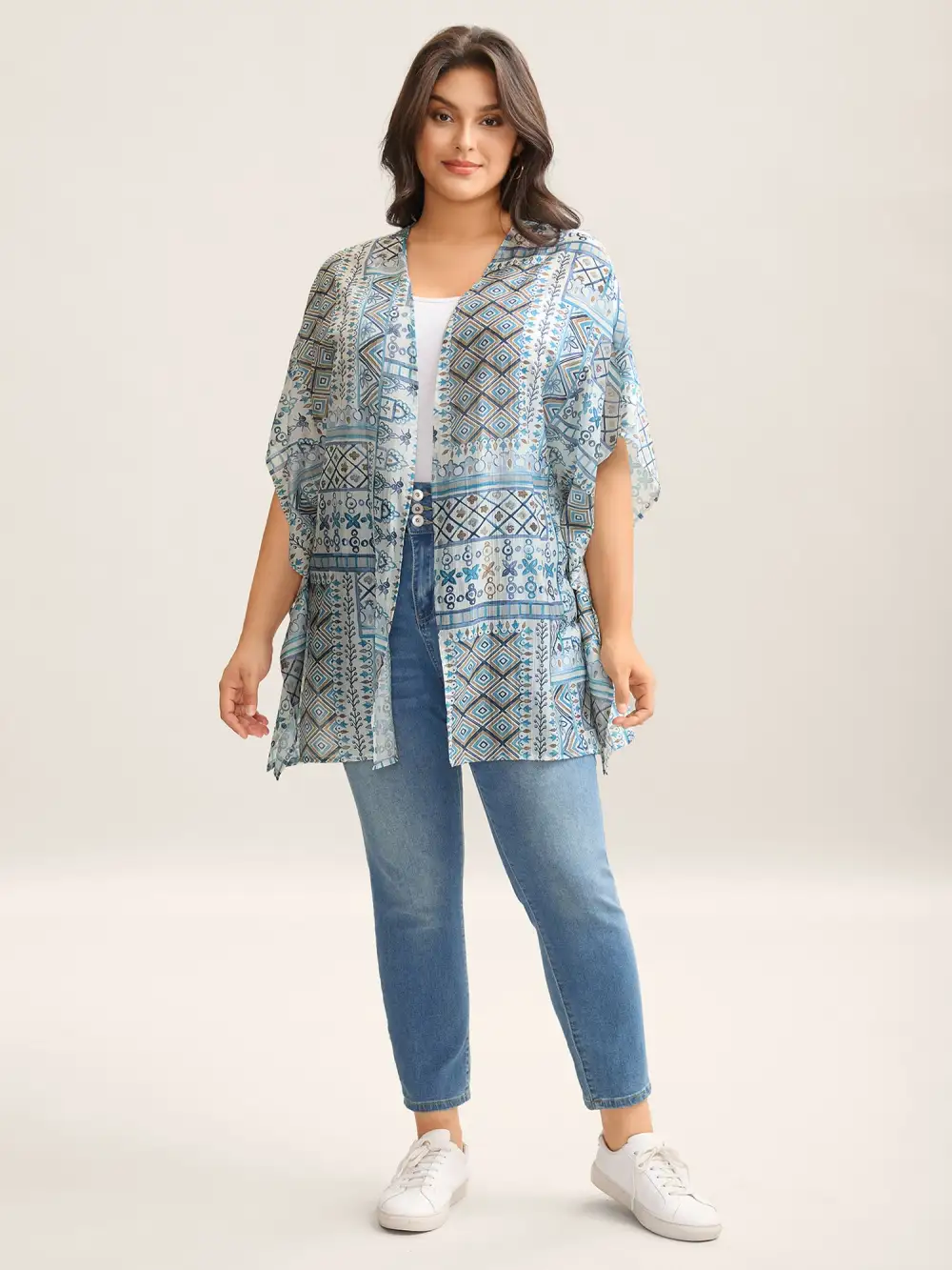 Abstract Print Flowy Sleeve Kimono