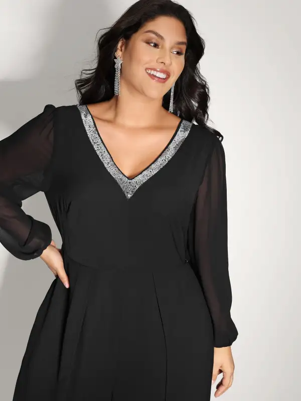 Sequin Neckline Petal Flowy Hem Jumpsuit