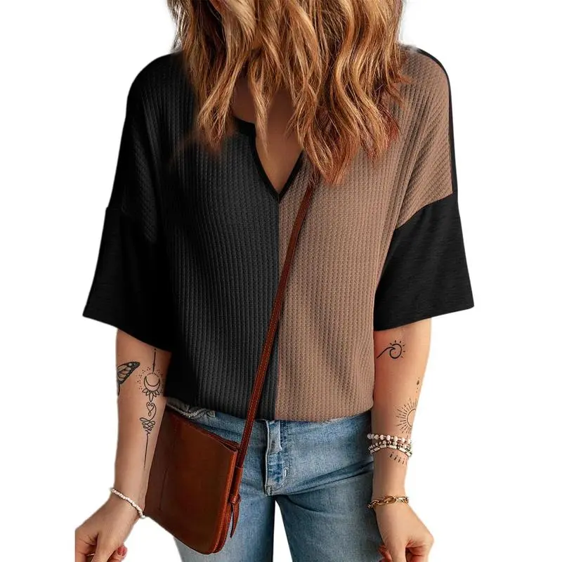 Women's Colorblock Waffle Knit Tops – 2025 Summer Fashion Half Sleeve V-Neck Casual Blouses