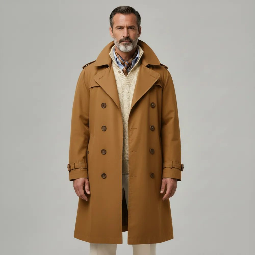 Men's Camel Lapel Collar Long Sleeve Double Breasted Pocket Trench Coat