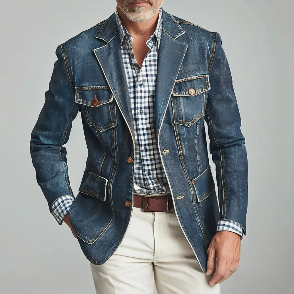 Men's Vintage Denim Notch Lapel Two Button Flap Pockets Long Sleeve Blazer