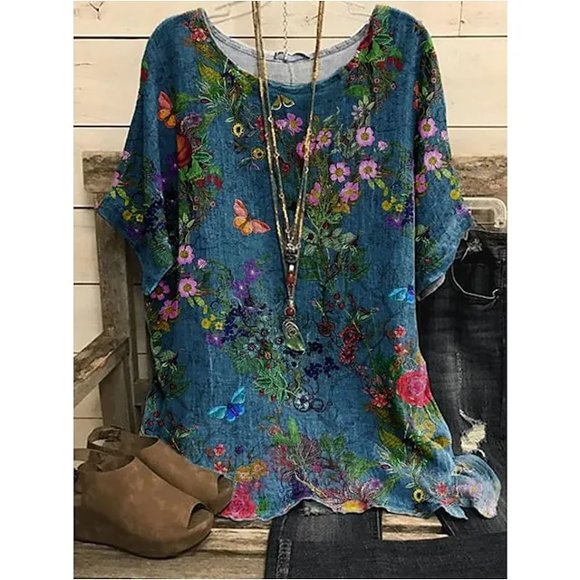 Women's Blouse Print Floral Daily Round Neck T-shirt Sleeve Standard Summer Pink Blue Dark Blue Grey