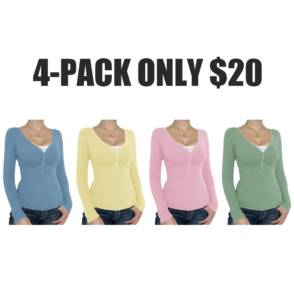 Women's Contrast Lace Button V Neck Tee