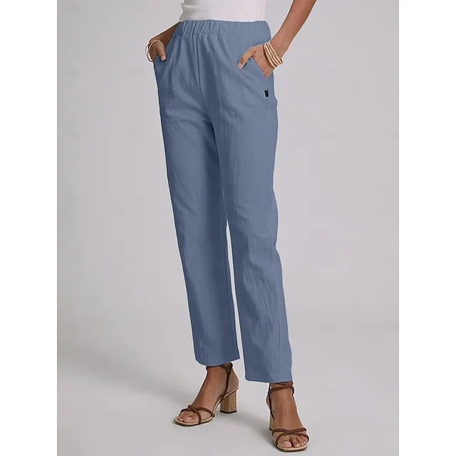 Women's Plus Size Loungewear Pants Pure Color Simple Casual Comfort Home Street Cotton And Linen Long Pant Summer Spring White Blue
