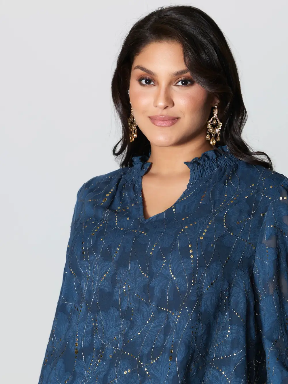 Gold Stamp Ruffled Neck Blouse
