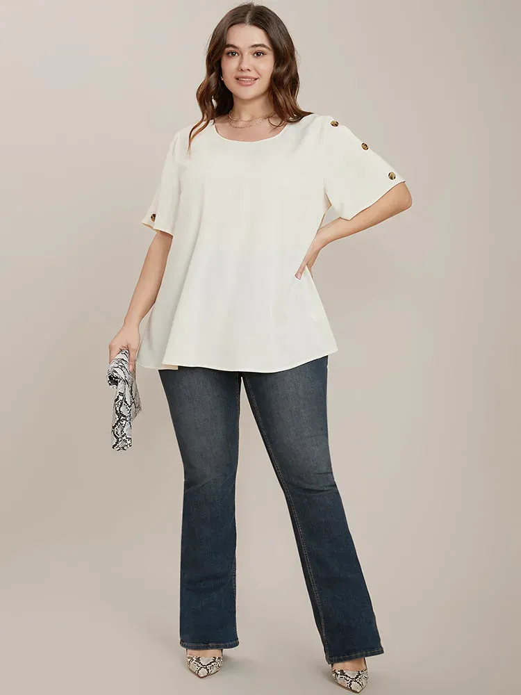 Plain Round Neck Button Detail Blouse