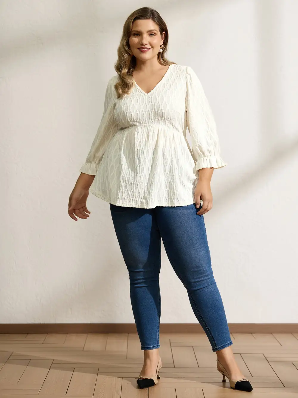 Textured Puffy Sleeve V-Neck Blouse