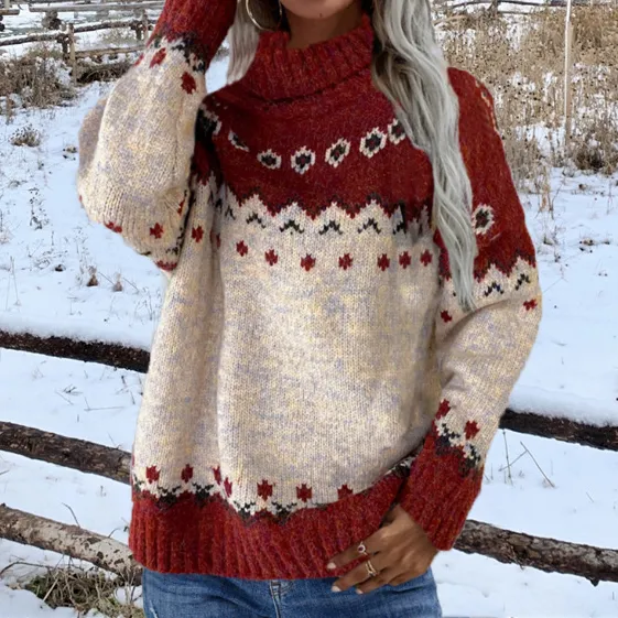 Vintage Turtleneck Pullover Long Sleeve Jacquard Sweater