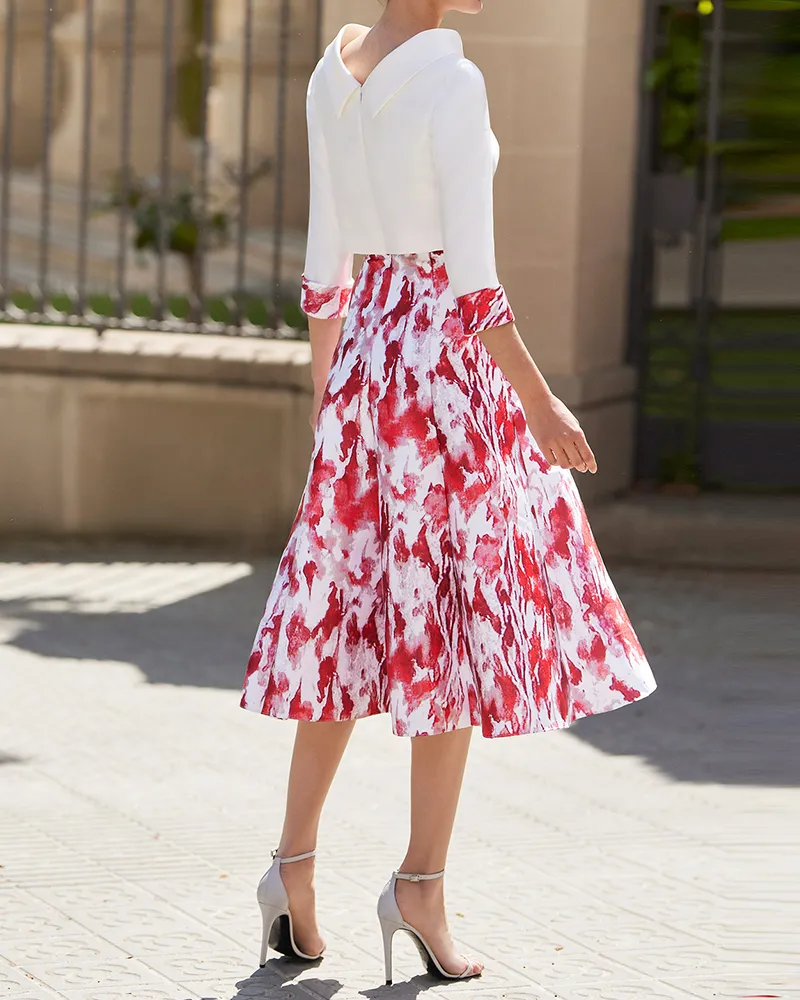 Women's Elegant Printed Bow Brocade Midi Dress