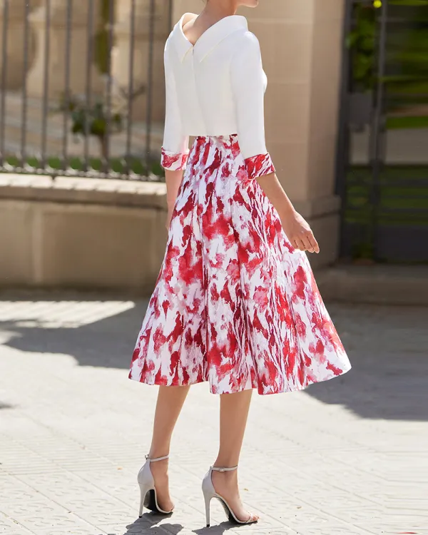 Women's Elegant Printed Bow Brocade Midi Dress