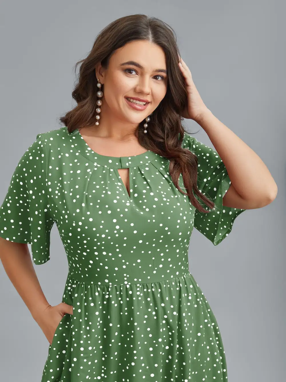 Polka Dots Print Cut-Out Flutter Sleeve Midi Dress