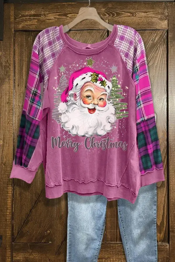 Casual Plaid Christmas Santa Print Sweatshirt