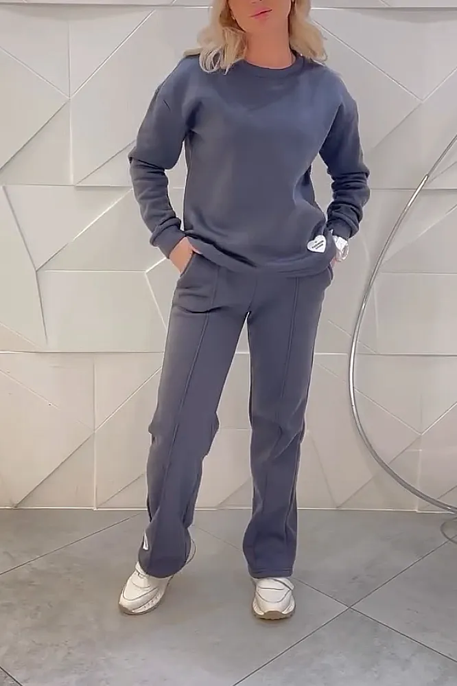 Women's solid color round neck top and pants two-piece set