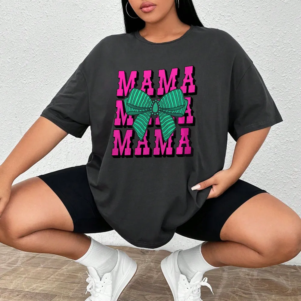 “MAMA” , The Slogan Is Repeated In Pink Capital Letters And A Green Striped Bow Pattern, Casual T-Shirt.