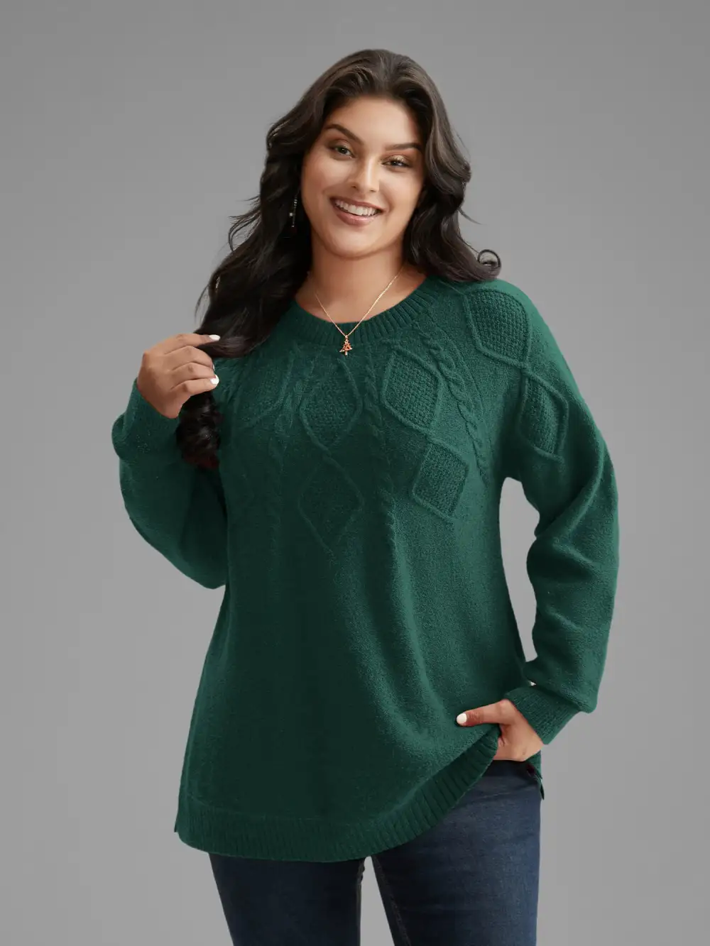 Cable Knit Bodice Crew-Neck Pullover