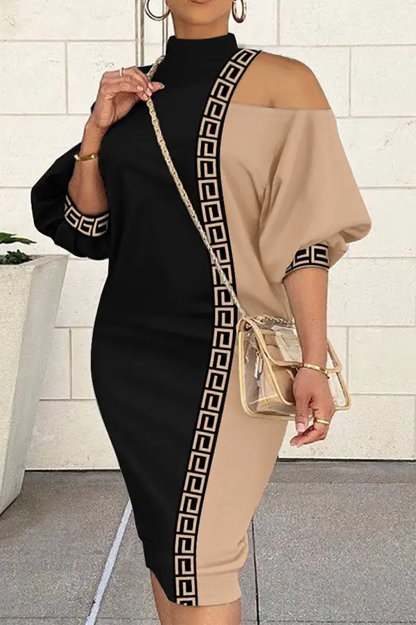 Hit Color Patchwork Modern Cold Shoulder Midi Dress