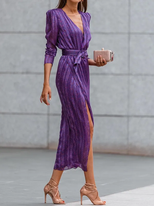 Elegant Stripe Long Sleeve Midi Dress