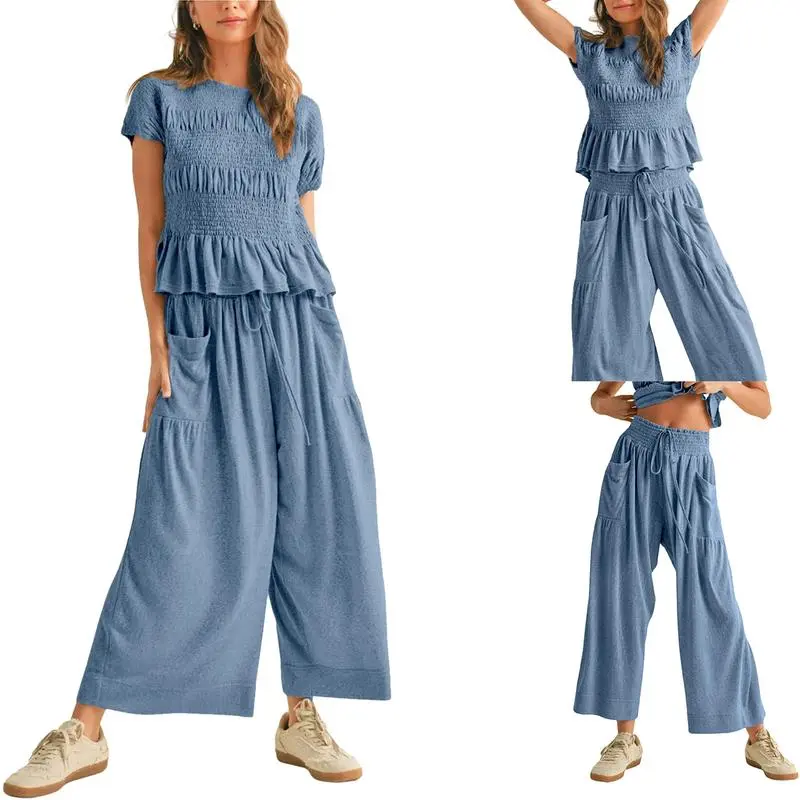 Women's 2-Piece Smocked Top & Wide-Leg Pants Lounge Set with Pockets