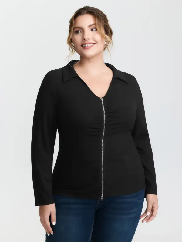 Ribbed Ruched Two-Way Zipper Knit Top