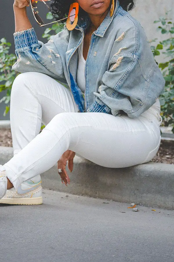 Ripped Washed Denim Zipper Jacket