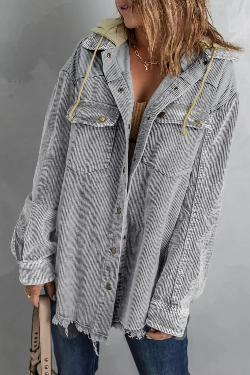 Snap Front Hooded Corduroy Shacket