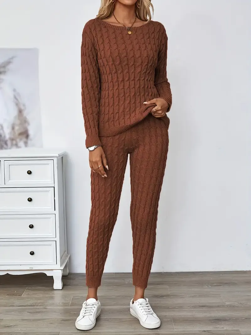 Solid Knitted Matching Two-piece Set, Casual Long Sleeve Sweater & Pants Outfits, Women's Clothing