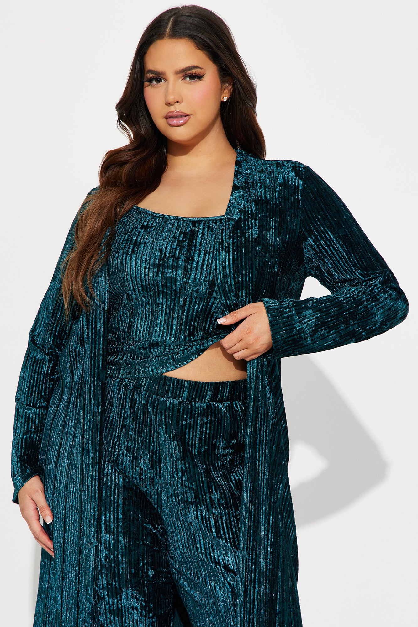 Carrie 3 Piece Velvet Plisse Pant Set - Hunter