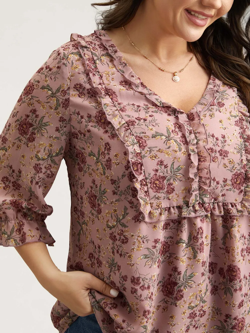 Chiffon Floral Print Ruffled Neck Flowy Shirt