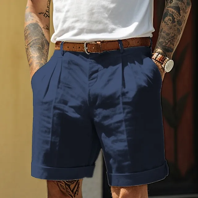 Men's Shorts Linen Shorts Summer Shorts Pleated Shorts Pocket Pleats Straight Leg Plain Comfort Breathable Short Casual Daily Holiday Linen Cotton Blend Fashion Designer Black White