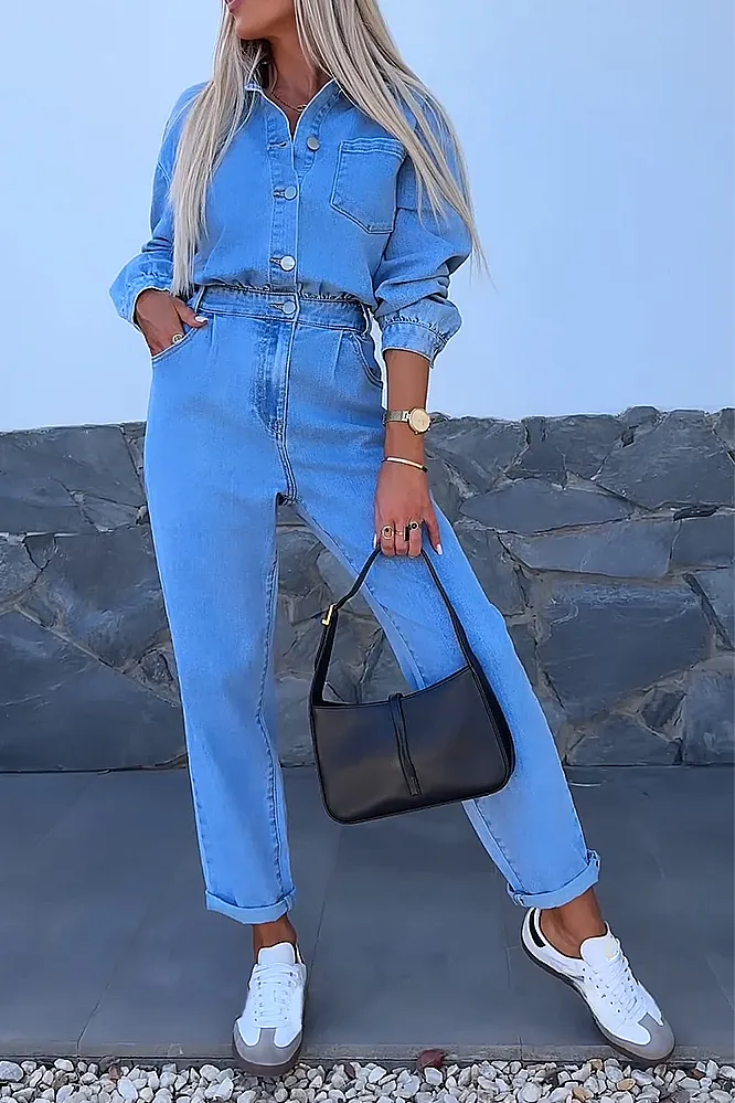 Women's solid color denim V-neck top and pants two-piece set
